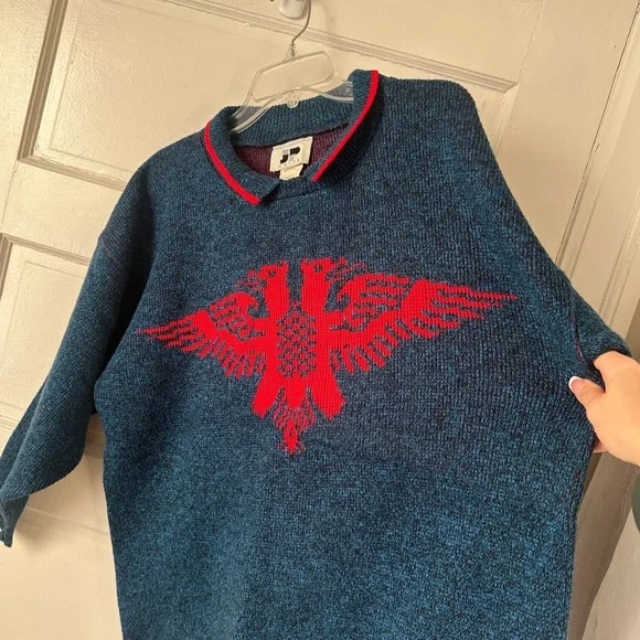 3/$20 💥 JP Knits Vintage Sweater Embroidered Double Headed Eagle Collared USA - Picture 5 of 16